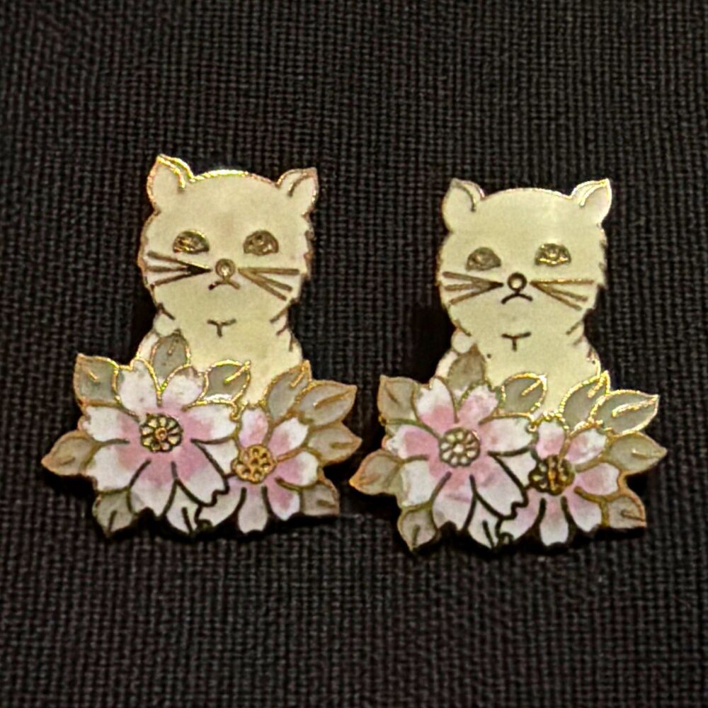 Vintage 1980s Cloisonné Enamel Cat and Flower Post Earrings, Gold Tone Whimsical